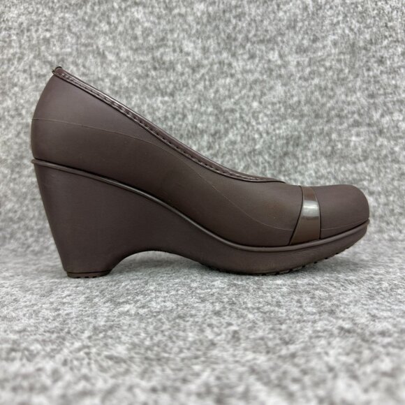 ✅Crocs Lena Womens 7W Cap Toe Wedge Brown Slip-On Heel Pumps Casual Comfort Shoe - Picture 9 of 11